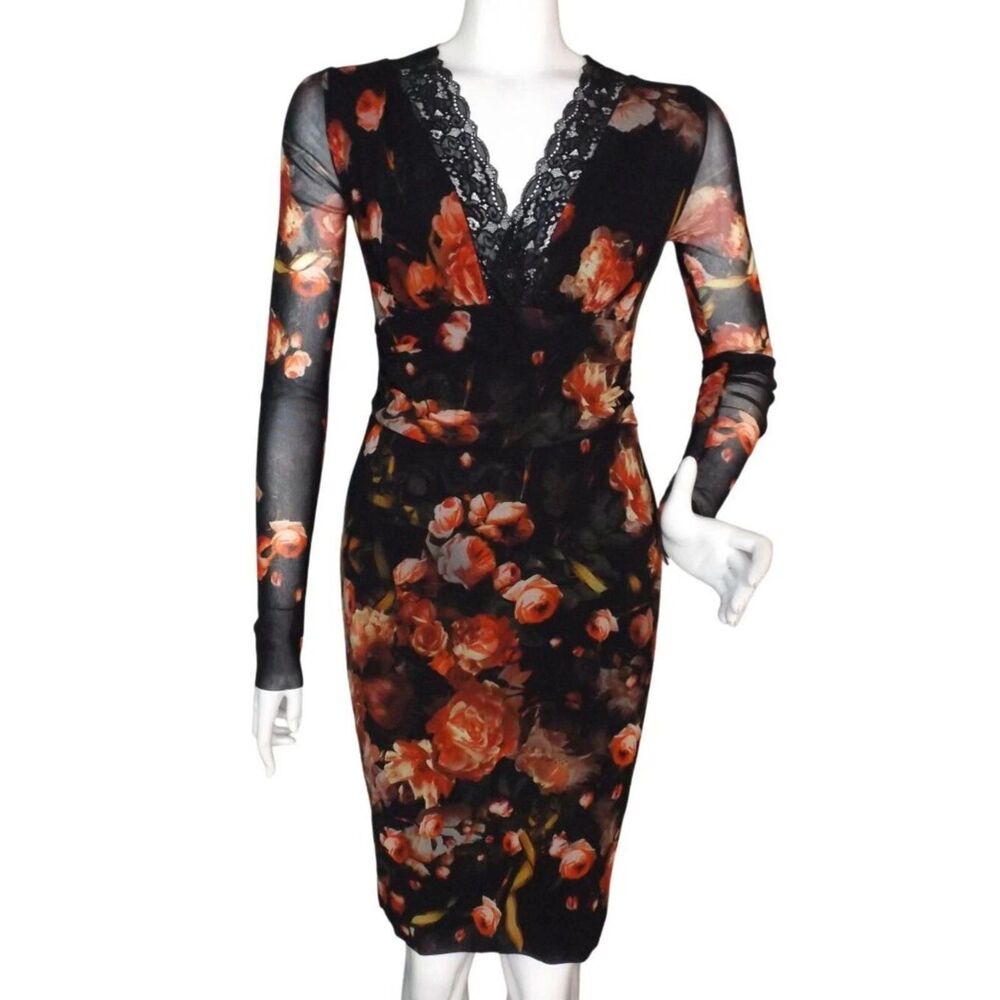 FUZZI Dress, L, Black/Red floral, Lace V-neck, Mesh, Long slv,Jean Paul Gaultier